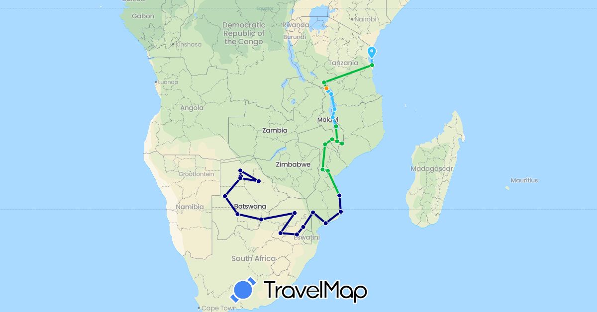 TravelMap itinerary: driving, bus, boat, hitchhiking in Botswana, Malawi, Mozambique, Tanzania, South Africa (Africa)